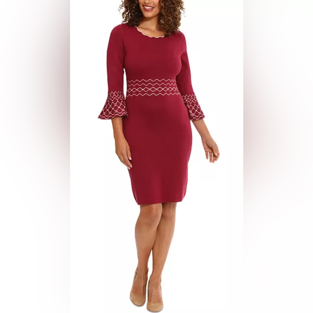 Women's Contrast-Stitch Bell-Sleeve Sweater Dress size L Color:Fig.